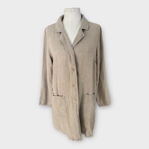 FLAX Long Linen Jacket Duster Natural Beige Women's Small Minimalist Lagenlook